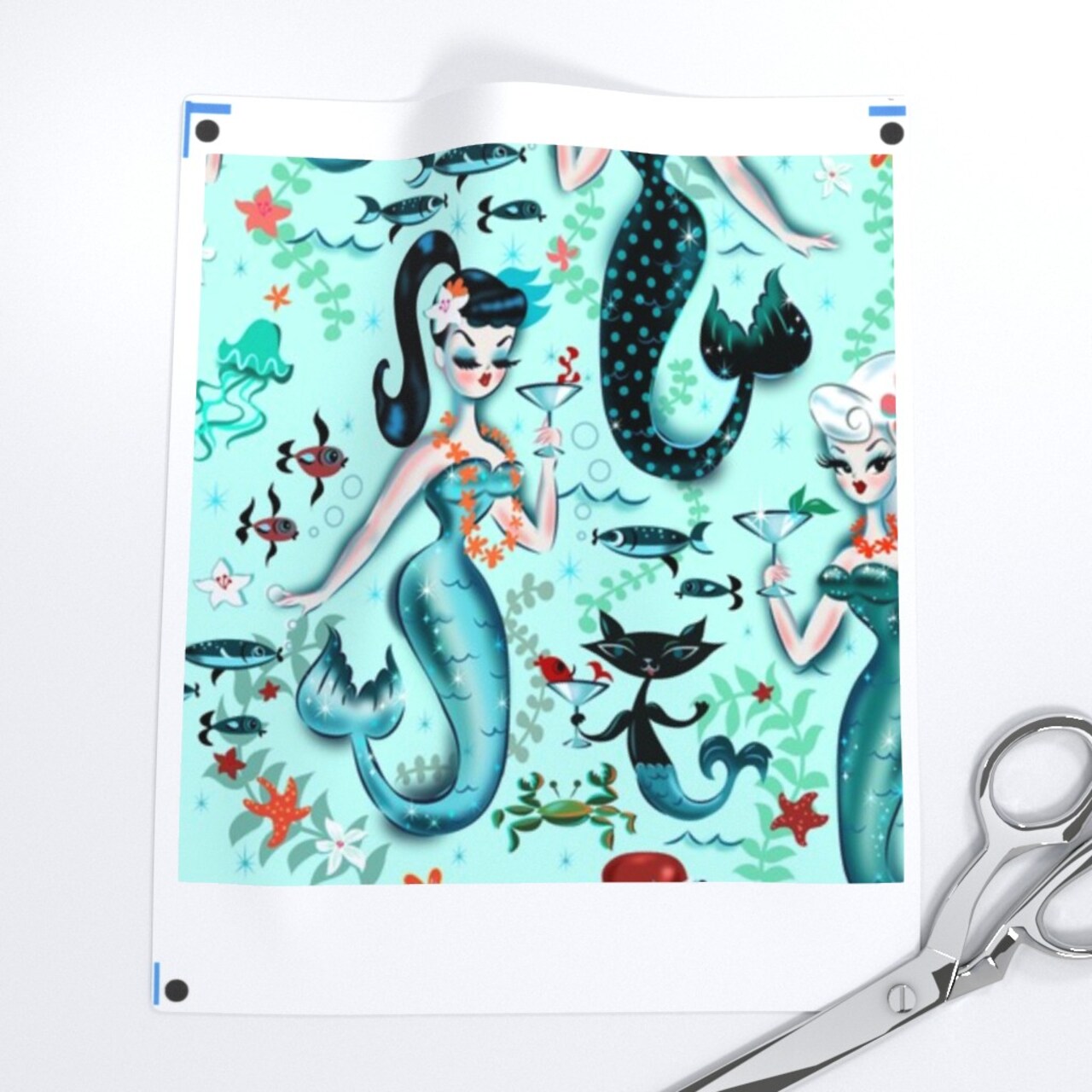 Midcentury Mod, Mermaids, Martini, Retro, Cocktail, Aqua, Cat, Starfish, Vintage, Kistch, Mod Custom Removable Wallpaper by Spoonflower Peel & Stick Wallpaper 2FT Wide